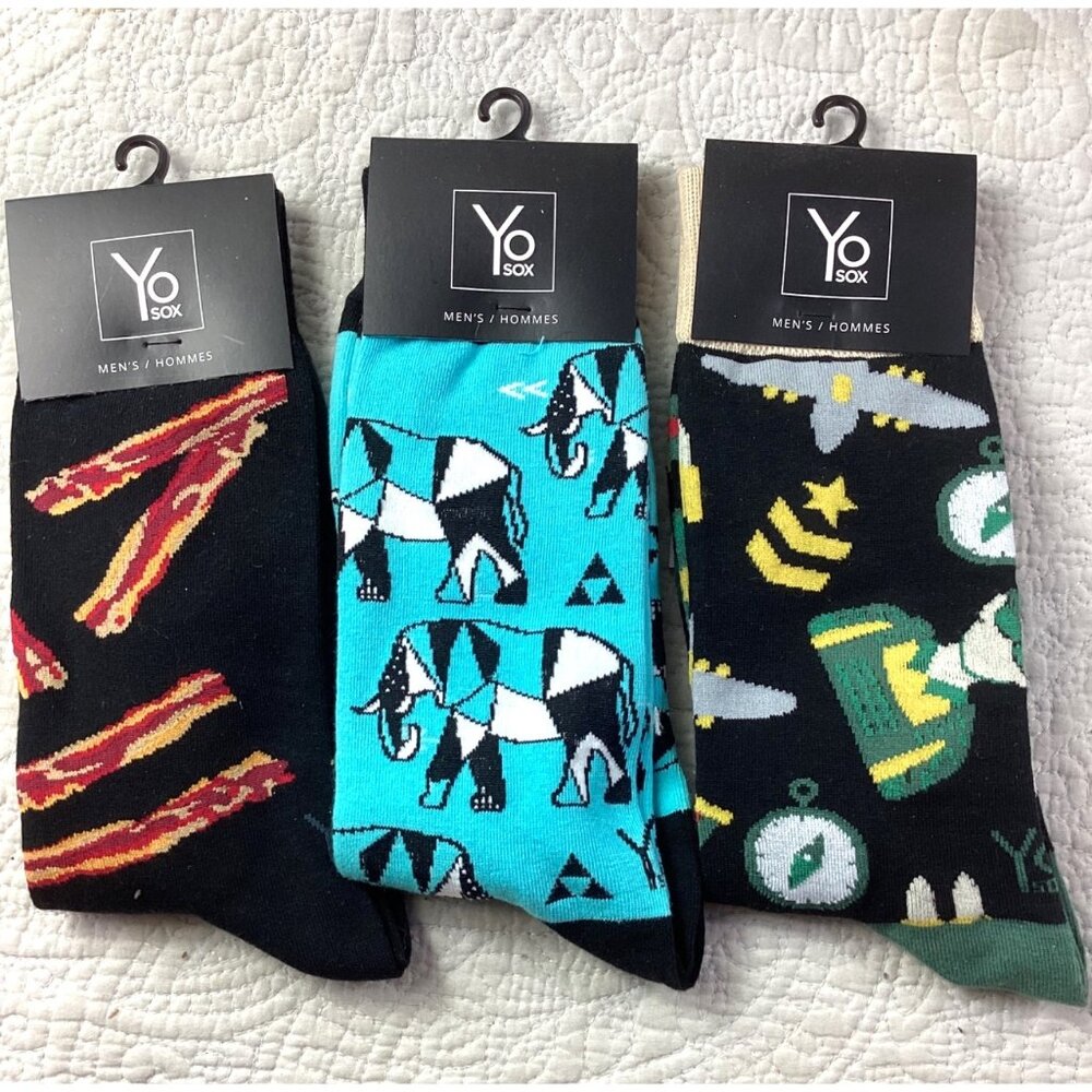 Lot of 3 Yo Sox Mens Socks 3-Pack - Bacon*Elephant*Military Themes*Size 7-12*NWT